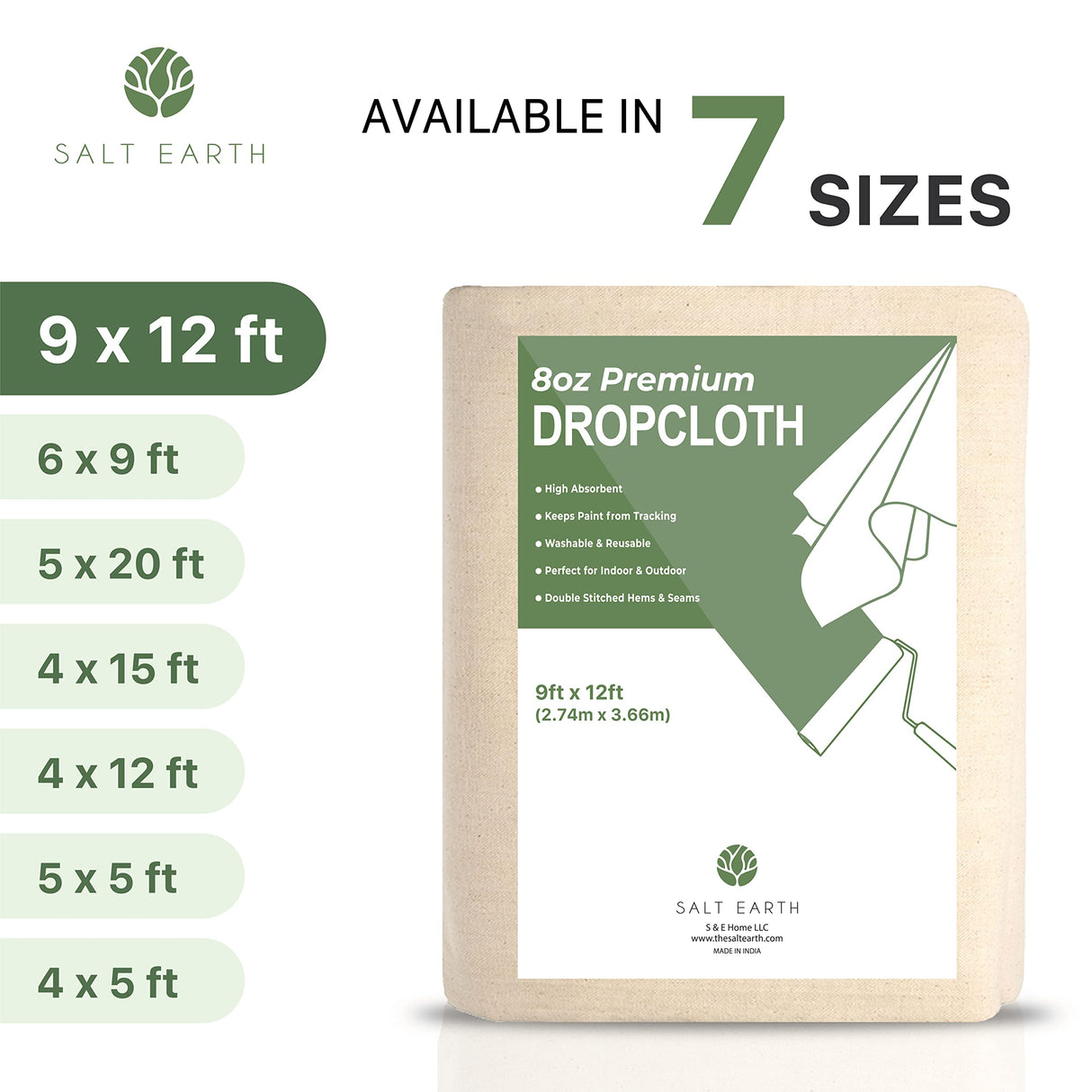 Salt Earth Canvas Drop Cloth 1Pc, Reusable Paint Drop Cloth, 100% Recycled Cotton Canvas Tarp Cover for Painter, Furniture, Floor Protection, All Purpose Painters Dropcloth for Christmas DIY (9x12FT)
