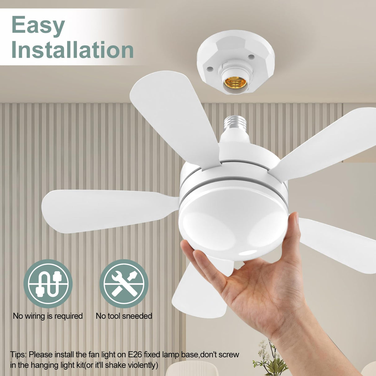 WZZIW 17.7" Socket Fan Light, 3000 Lumens Small Ceiling Fans with Lights and Remote, E26/E27 Light Bulb Fan with Reversible Motor, Dimmable 3000K-6500K Light Socket Fan for Bedroom Kitchen Garage