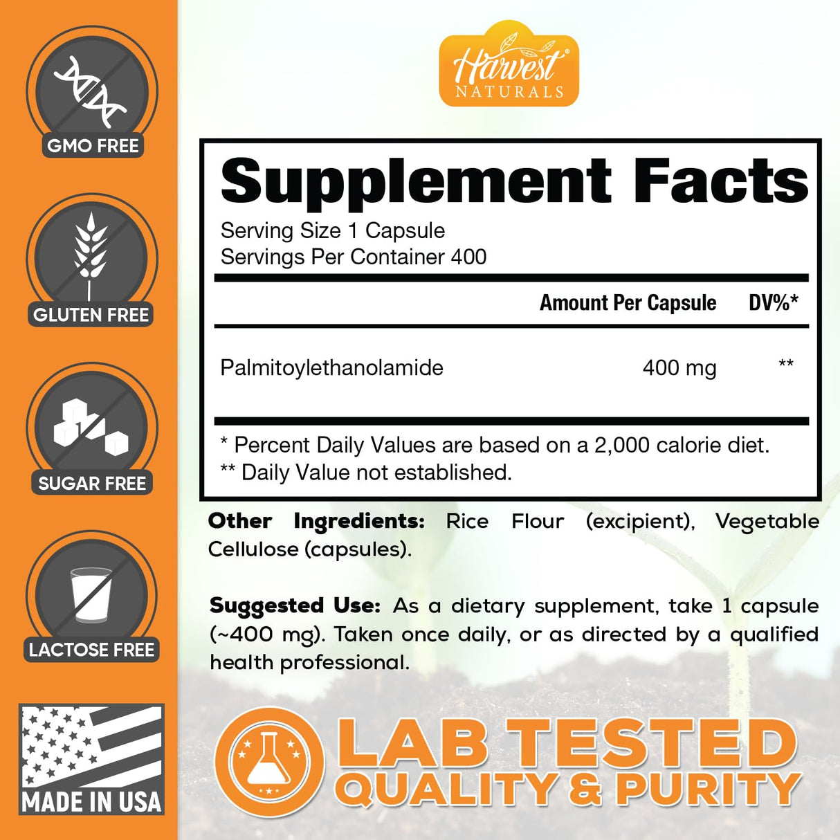 HARVEST NATURALS Palmitoylethanolamide Capsules | Pea 400mg | 400 Pill Count | Promotes Natural Inflammation & Discomfort Relief