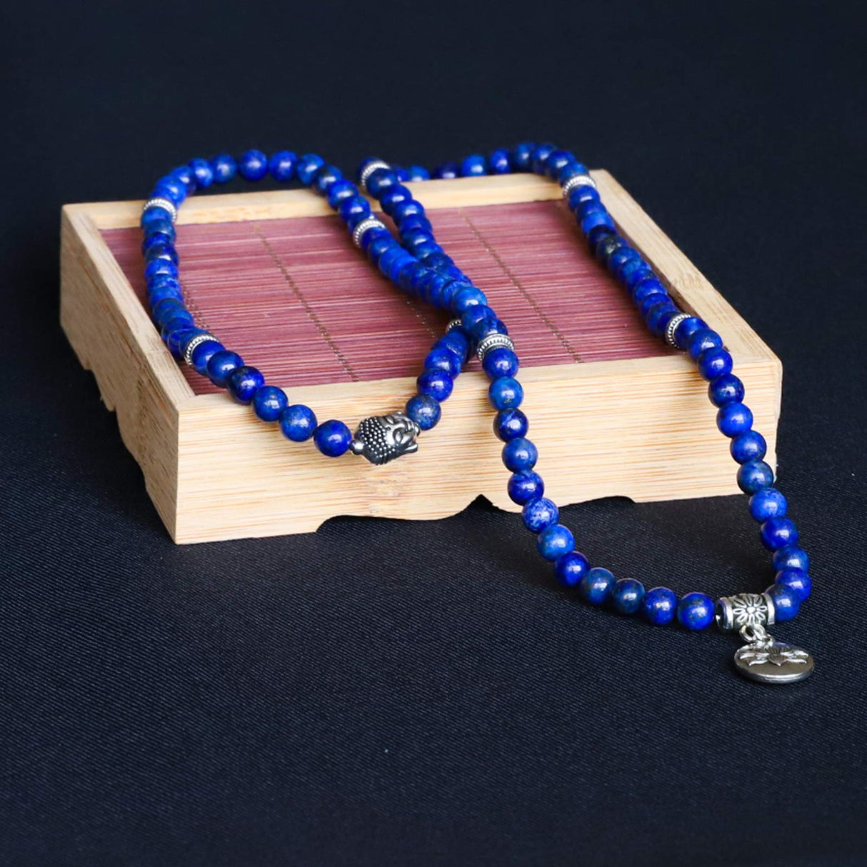 Bivei 108 Mala Beads Necklace Beaded Wrap Bracelets Genuine Gemstone Mala Prayer Beads Lotus Charm Yoga Meditation Necklace - Lapis Lazuli