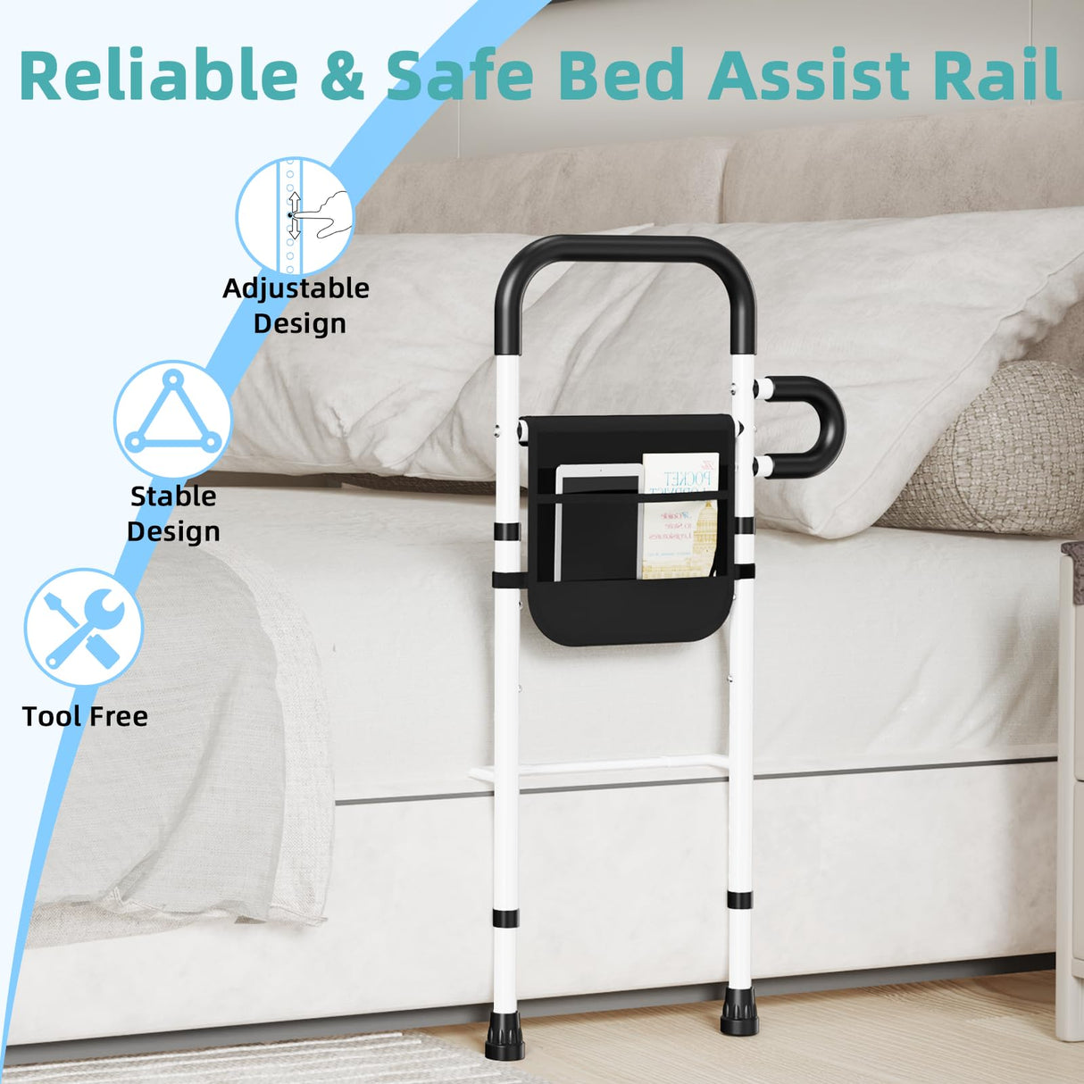 Bed Rails for Elderly Adults Safety - Adjustable Bed Assist Rails for Full Size Bed, Portable Bed Cane for Seniors with Storage Pocket, Hold up to 300 Lbs, Easy Setup, Bedside Safety and Stability