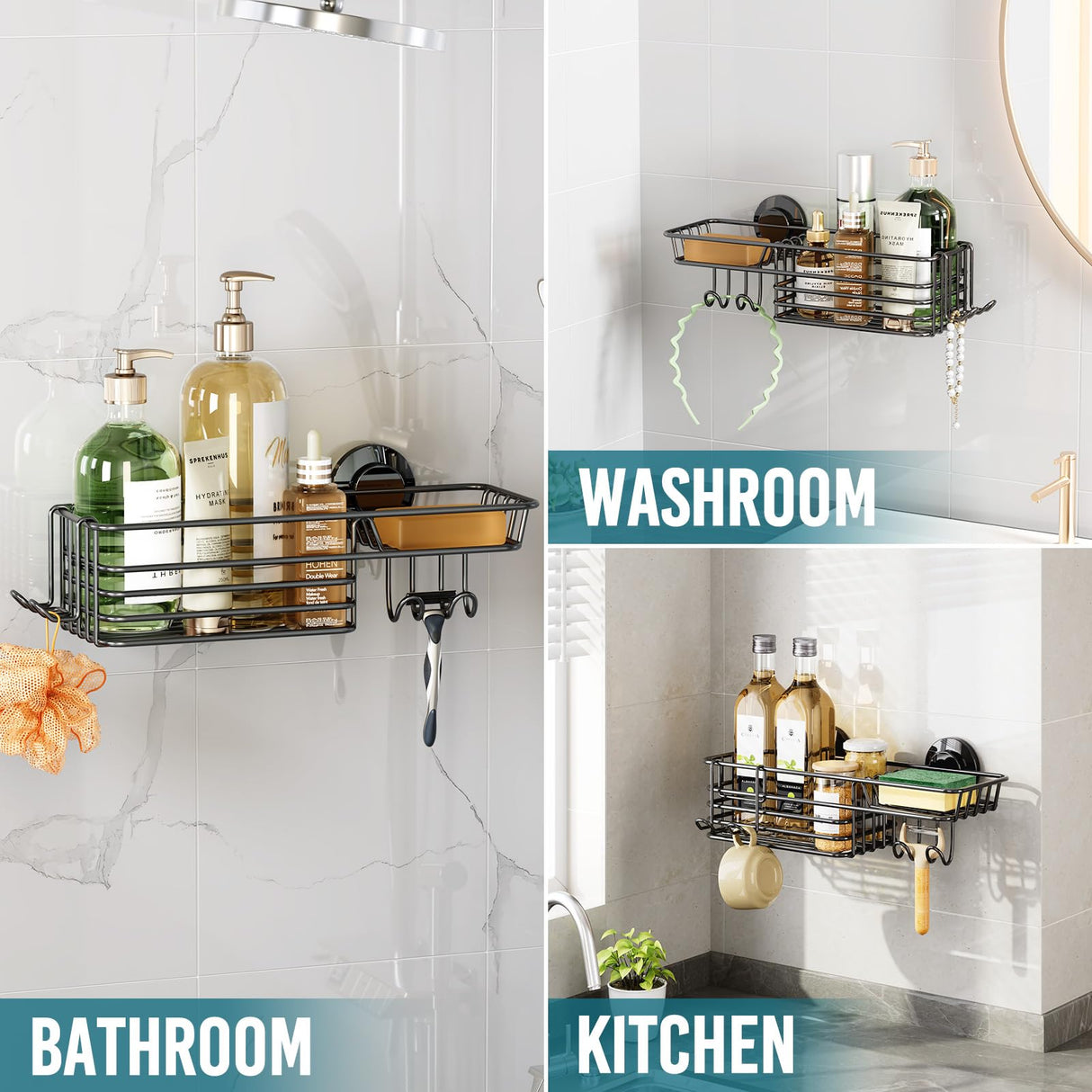 TAILI Shower Caddy Suction Cup with Hooks and Soap holder, Heavy Duty Bathroom Shower Organizer, No Drilling Bathroom Holder with Large Capacity, Metal Black Storage Basket