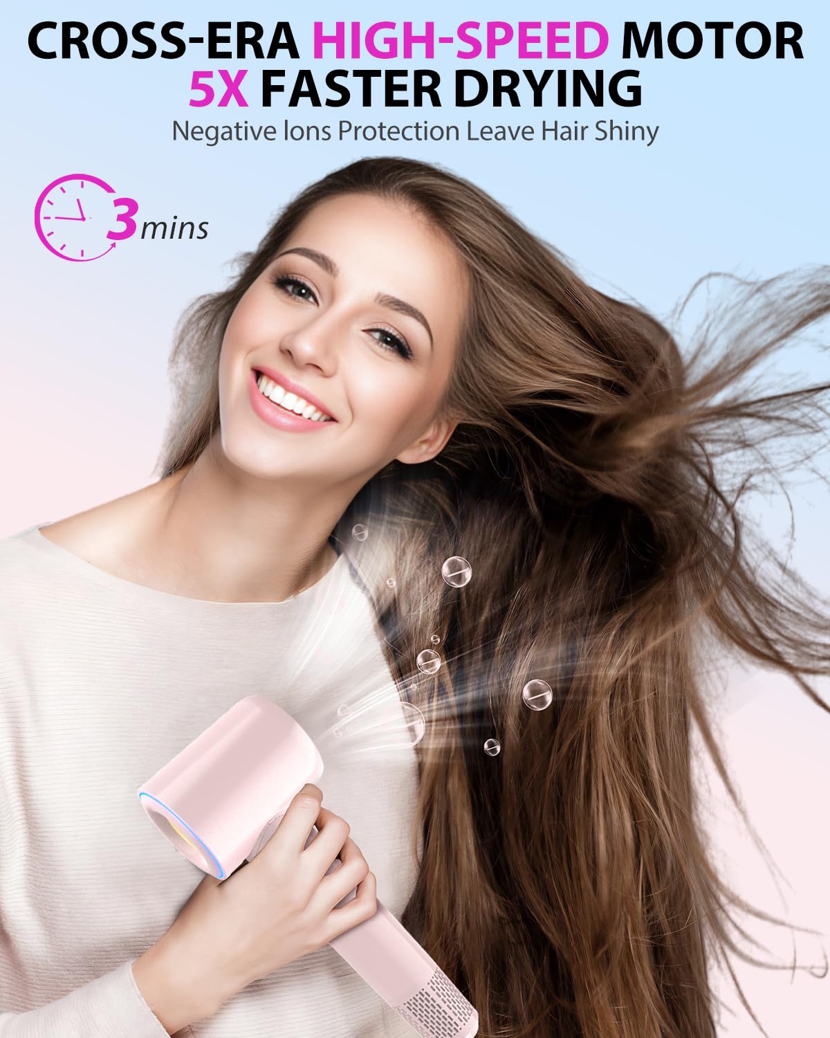 Hair Dryer Blow Dryer,180000 RPM High-Speed Brushless Motor 500 Millions Negative Ionic hairdryer for Fast Drying, Quiet Thermo-Control Hair dryers for Women Home Travel Salon (Pink)