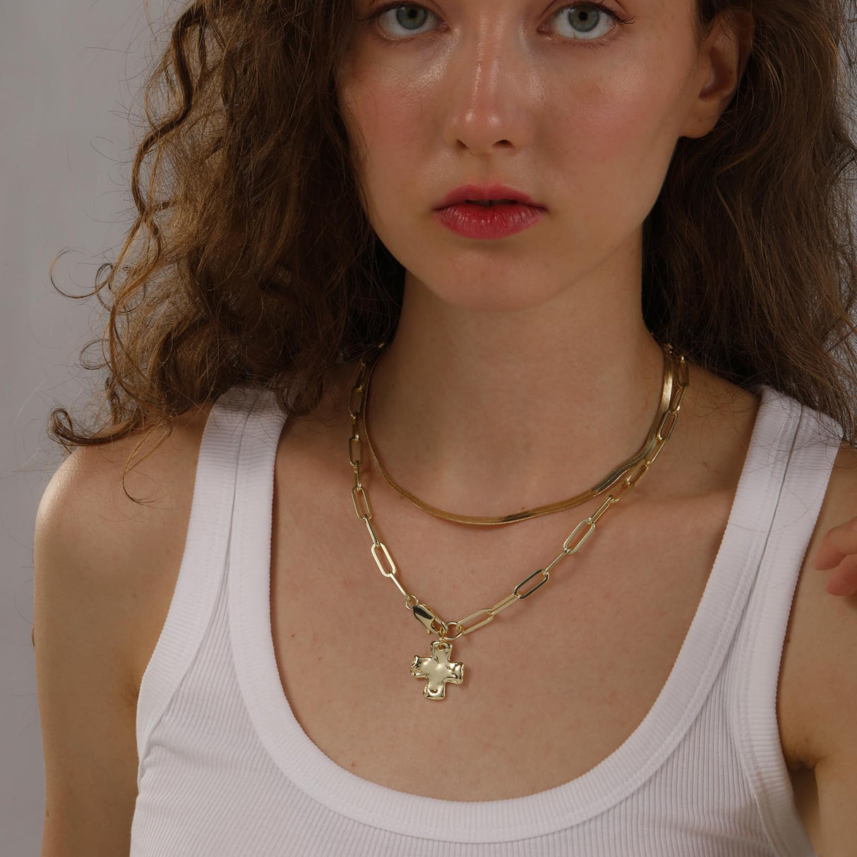 Bheop Chunky Cross Necklace for Women, Gold Layered Herringbone Necklace