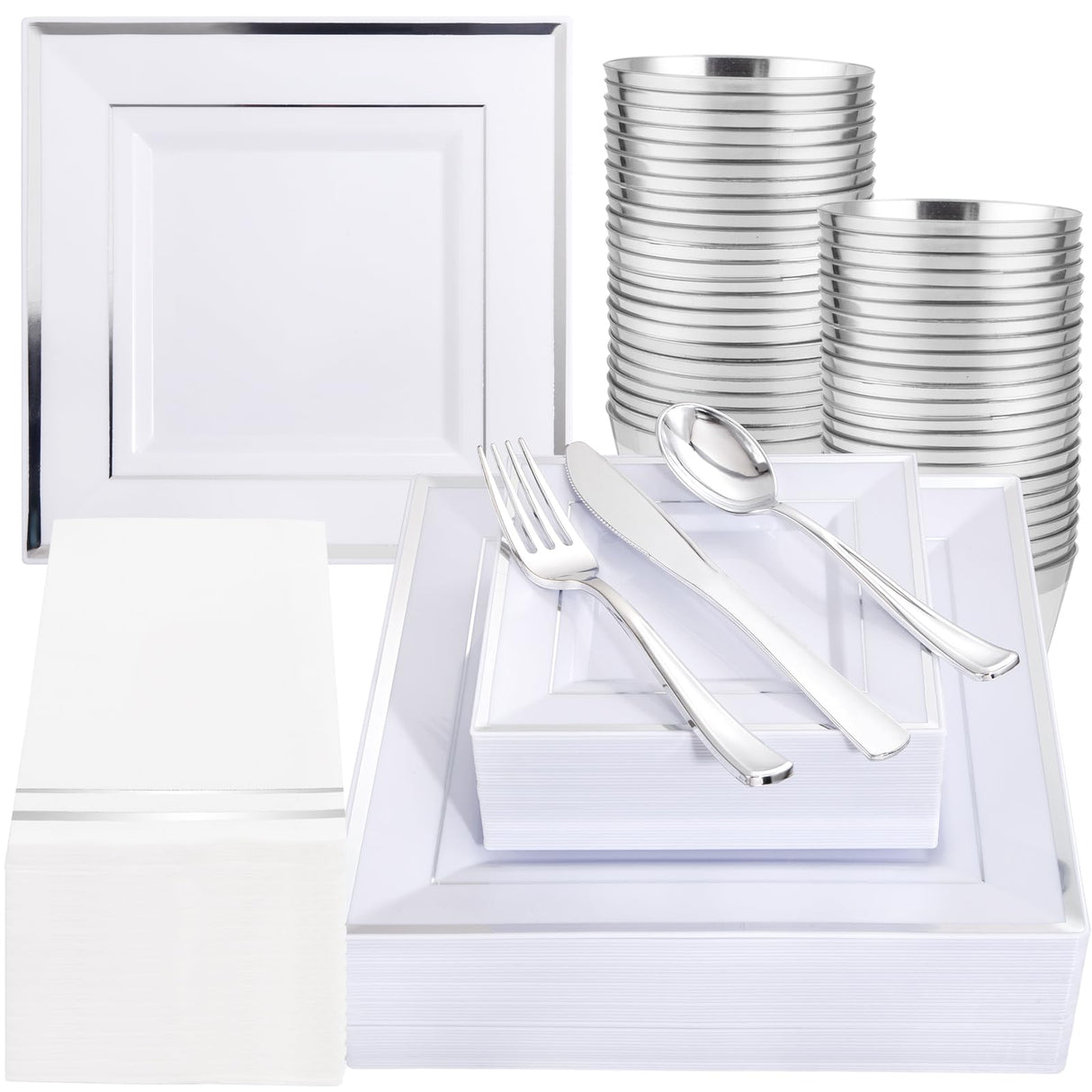 Festiva 350Pcs Silver Plates - Silver Square Plastic Plates 9 .5" and 6" - serve for 50 guests include 50 Cups 50Plastic Cutlery 50Hand Napkins Perfect for Party&Wedding&Birthday&Christmas