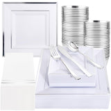 Festiva 350Pcs Silver Plates - Silver Square Plastic Plates 9 .5" and 6" - serve for 50 guests include 50 Cups 50Plastic Cutlery 50Hand Napkins Perfect for Party&Wedding&Birthday&Christmas