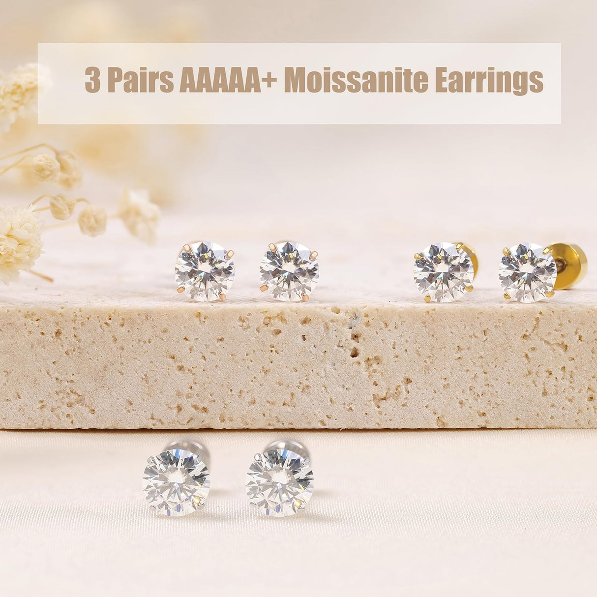 Limerencia Moissanite Stud Earrings, 3 Pairs Titanium Screw Back Earrings