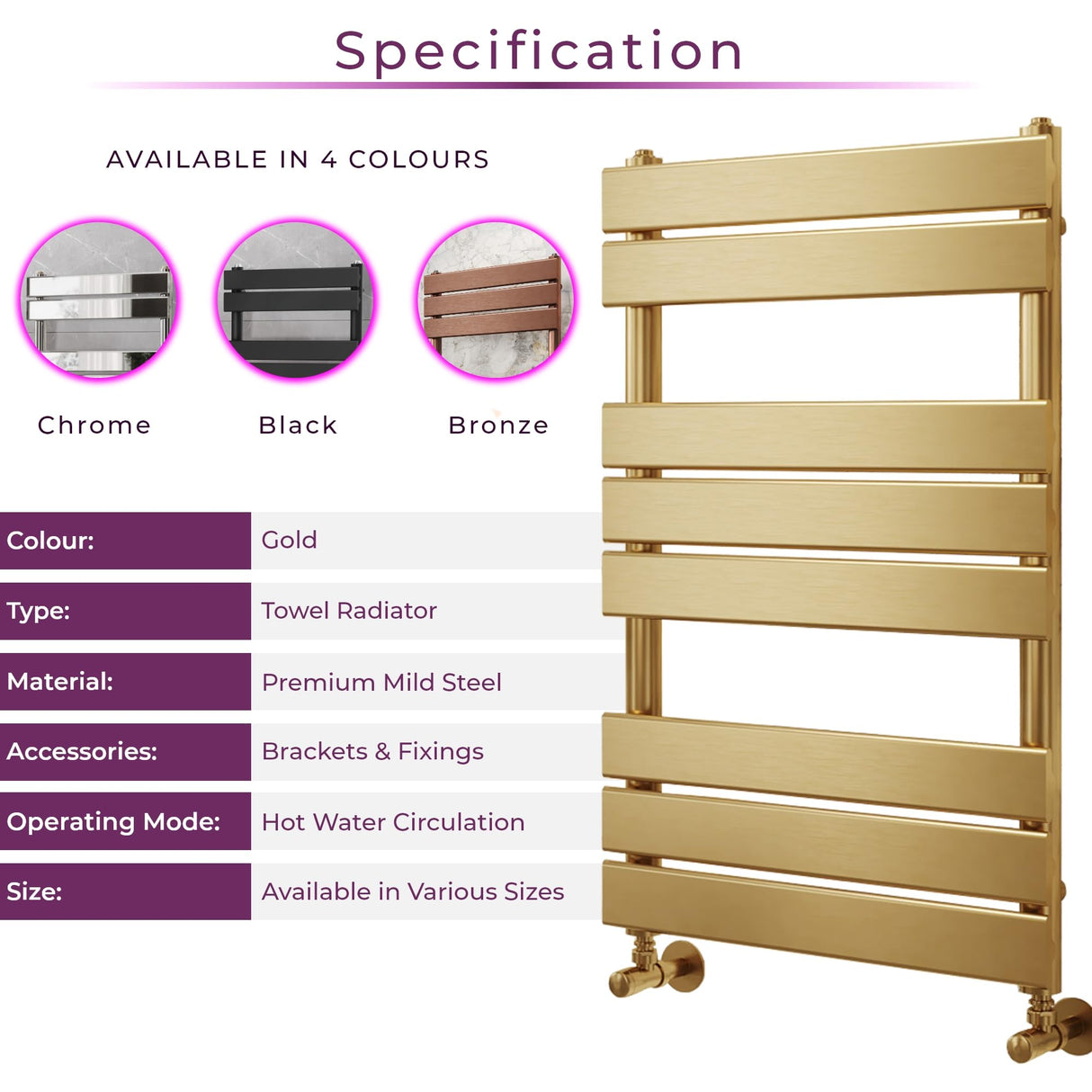 Go Bathrooms Ark Towel Rail 800mm x 500mm Brushed Gold Bathroom Radiator Designer Heated Ladder Rail Flat Panel Ladder Heater