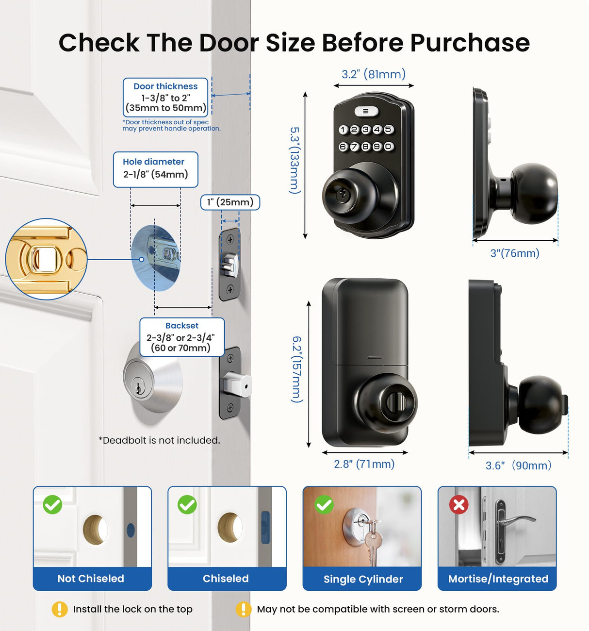 Veise Keypad Door Knob Lock, Keyless Entry Digital Lock with Handle, Electronic Smart Knob for Front Door & Bedroom, Easy Install, Auto Lock, Passage Mode, Anti-Peeping Password, Matte Black