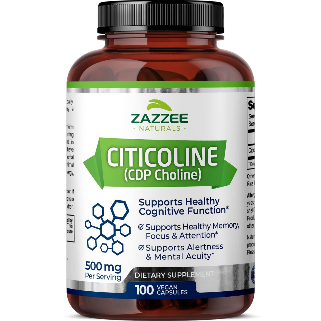 Zazzee Extra Strength Citicoline, 500 mg per Serving, 100 Vegan Capsules, Superior CDP Choline Form, 100% Vegetarian and Pharmaceutical Grade, 50-Day Supply, All-Natural and Non-GMO