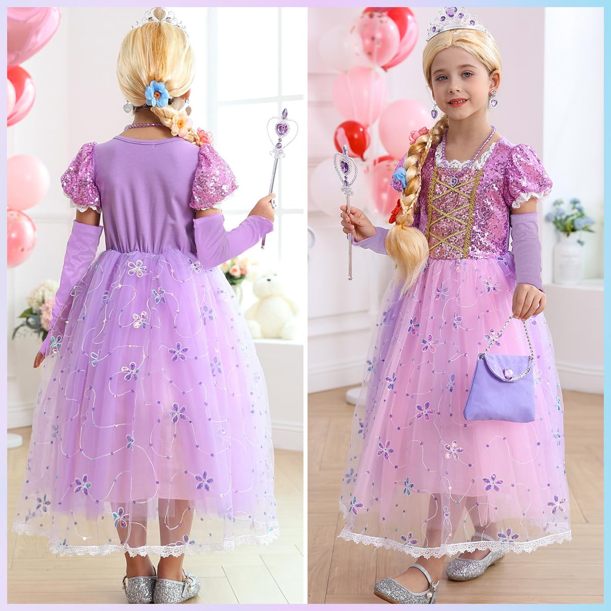Luzlen Little Girls Princess Costume Kids Fancy Purple Dress for Halloween Party Christmas Carnival, 5-6 Years(Label 130)