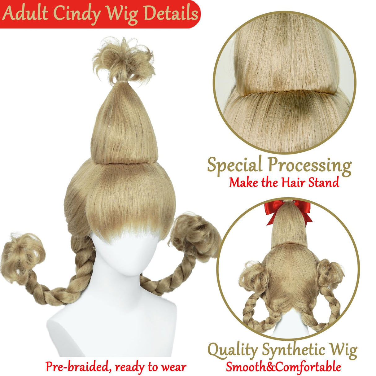 Blonde Braided Wig with Red-bow Earrings for Women Christmas Cindy Wig with Accessories for Halloween Christmas Costume Party