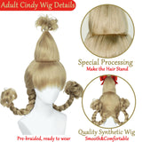 Blonde Braided Wig with Red-bow Earrings for Women Christmas Cindy Wig with Accessories for Halloween Christmas Costume Party