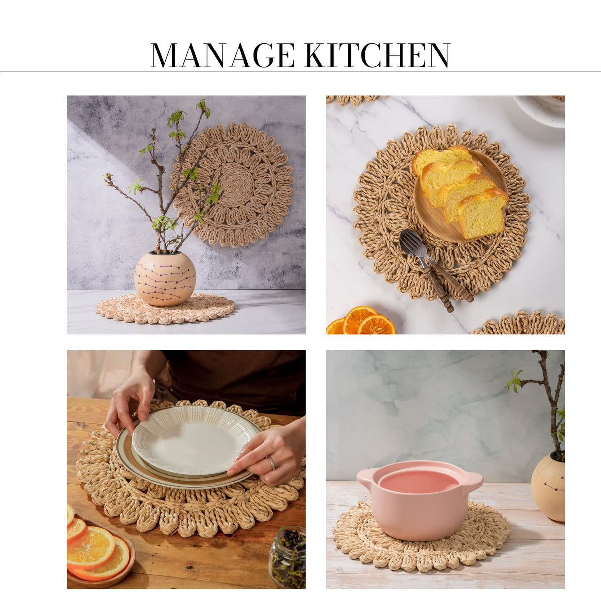 Laquedecraft 13.8" Round Corn Husk Placemats Set of 4 | Boho Rattan Woven Table Mats | Farmhouse Spring Plate Chargers Like Water Hyacinth, Seagrass for Wedding, Party, Christmas, Events