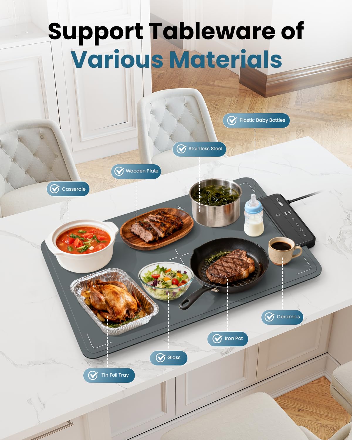 ZELTRI Food Warmer Mat Plug and Play-Large 24''X16'' Rapid Full Surface Heating, 6 Level Temp, 6 Hour Timer, Child Lock, Portable Warming Mat for Family Gatherings, Parties, Outdoor Camping