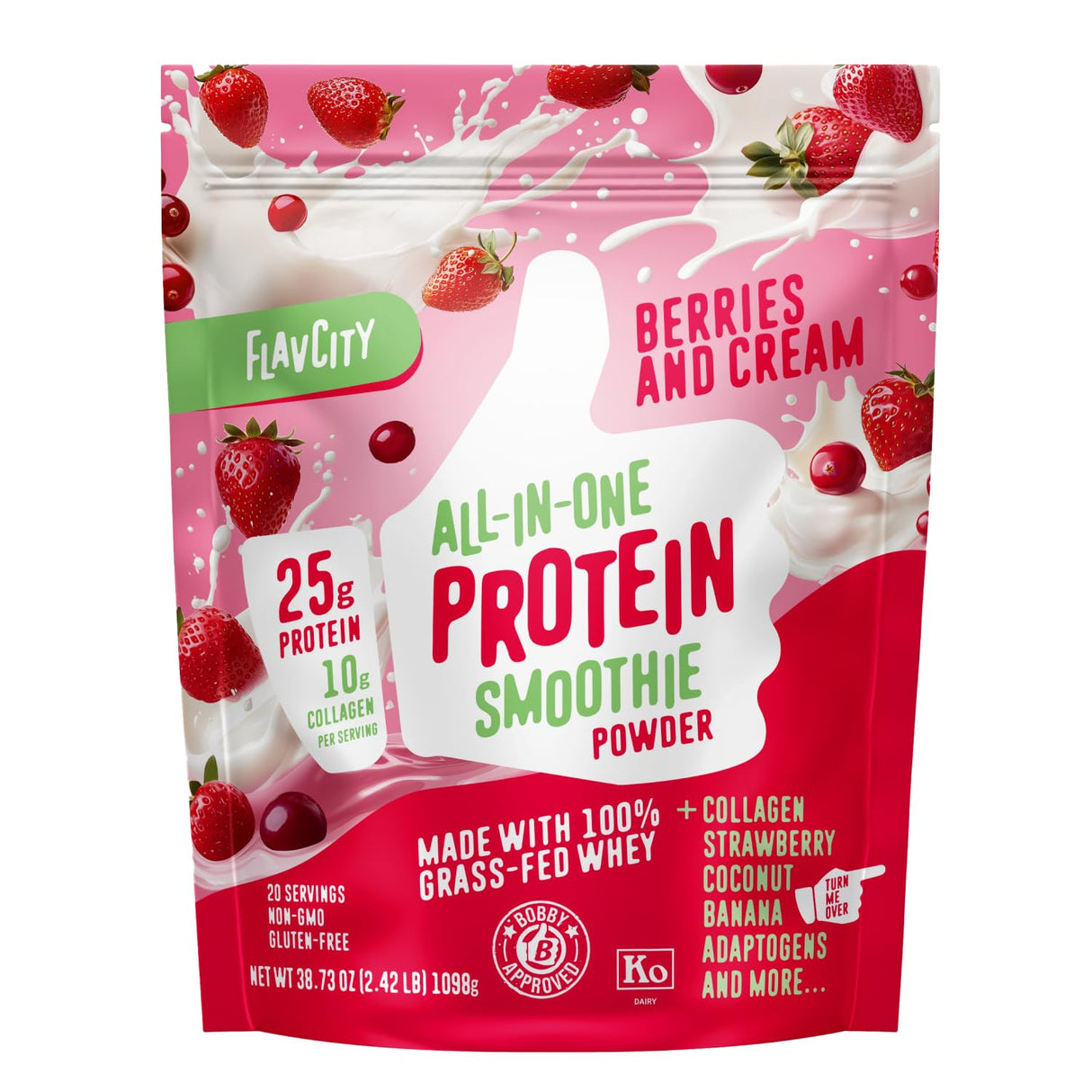 FlavCity Protein Powder Smoothie, Berries & Cream - 100% Grass-Fed Whey with Collagen (25g of Protein) - Gluten Free & No Added Sugars (38.73 oz)