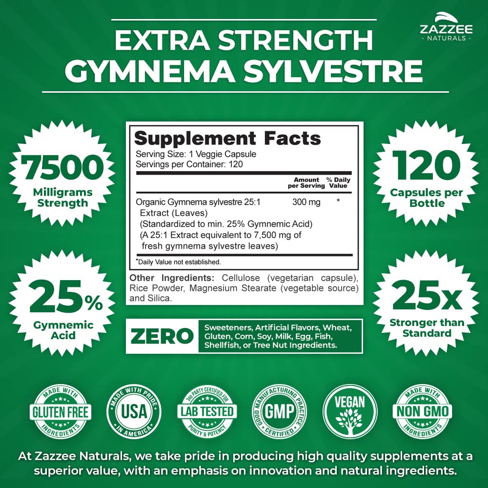 Zazzee Organic Gymnema Sylvestre 25:1 Extract, 7500 mg Strength, 25% Gymnemic Acid, 120 Vegan Capsules, 4 Month Supply, Standardized and Concentrated 25X Extract, All-Natural and Non-GMO