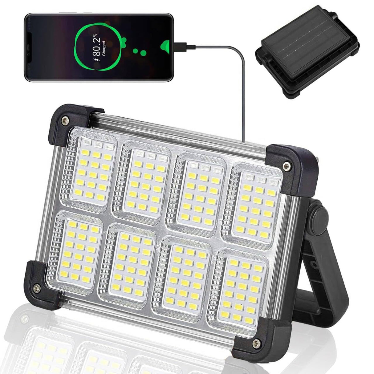 120W Solar Rechargeable Work Light, 144 LED Portable Flood Light with Stand, IP66 Waterproof 4 Modes LED Job Site Lighting Flashlights for Mechanic Camping Fishing Car Repair(Black 1 Pack)