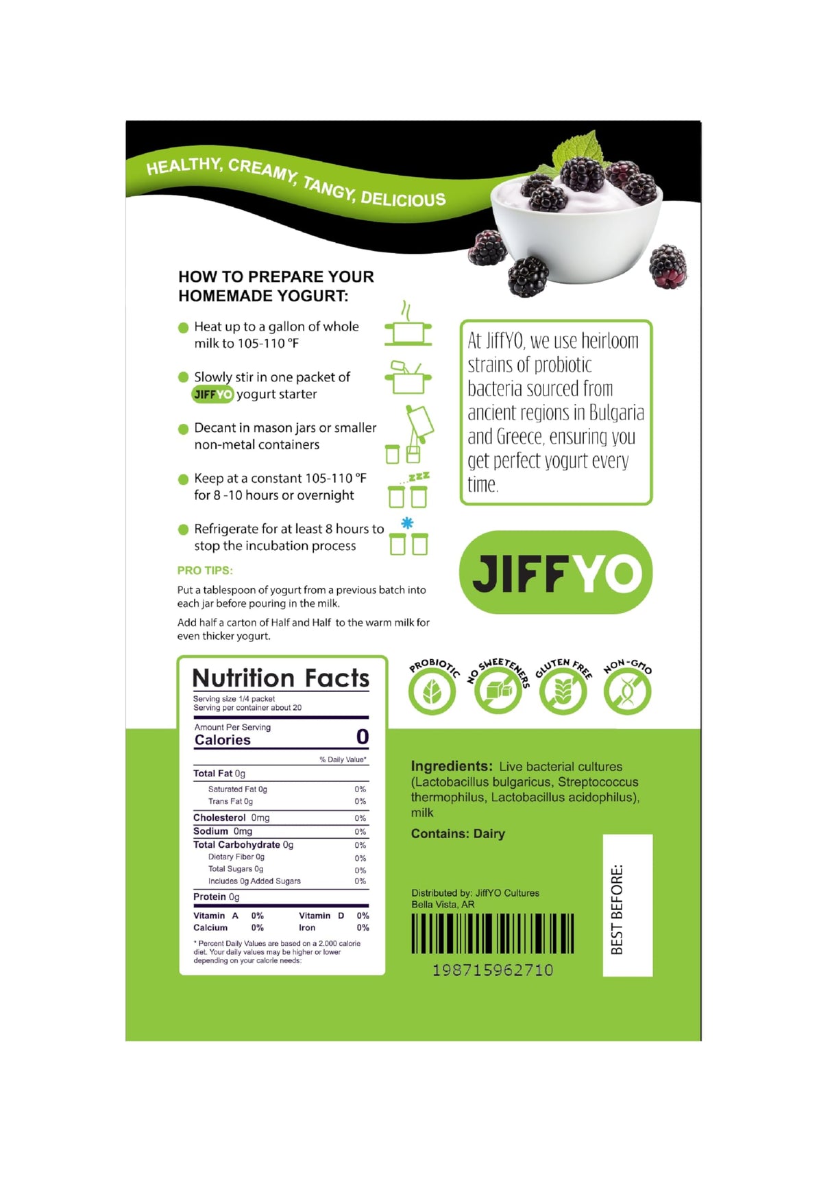 JiffYO Creamy Tangy Easy Homemade Yogurt Starter, 5 Packets, each Packet Makes 1 Gal (4 quarts) of Delicious Homemade Yogurt. No Preservaties or Sweeteners.
