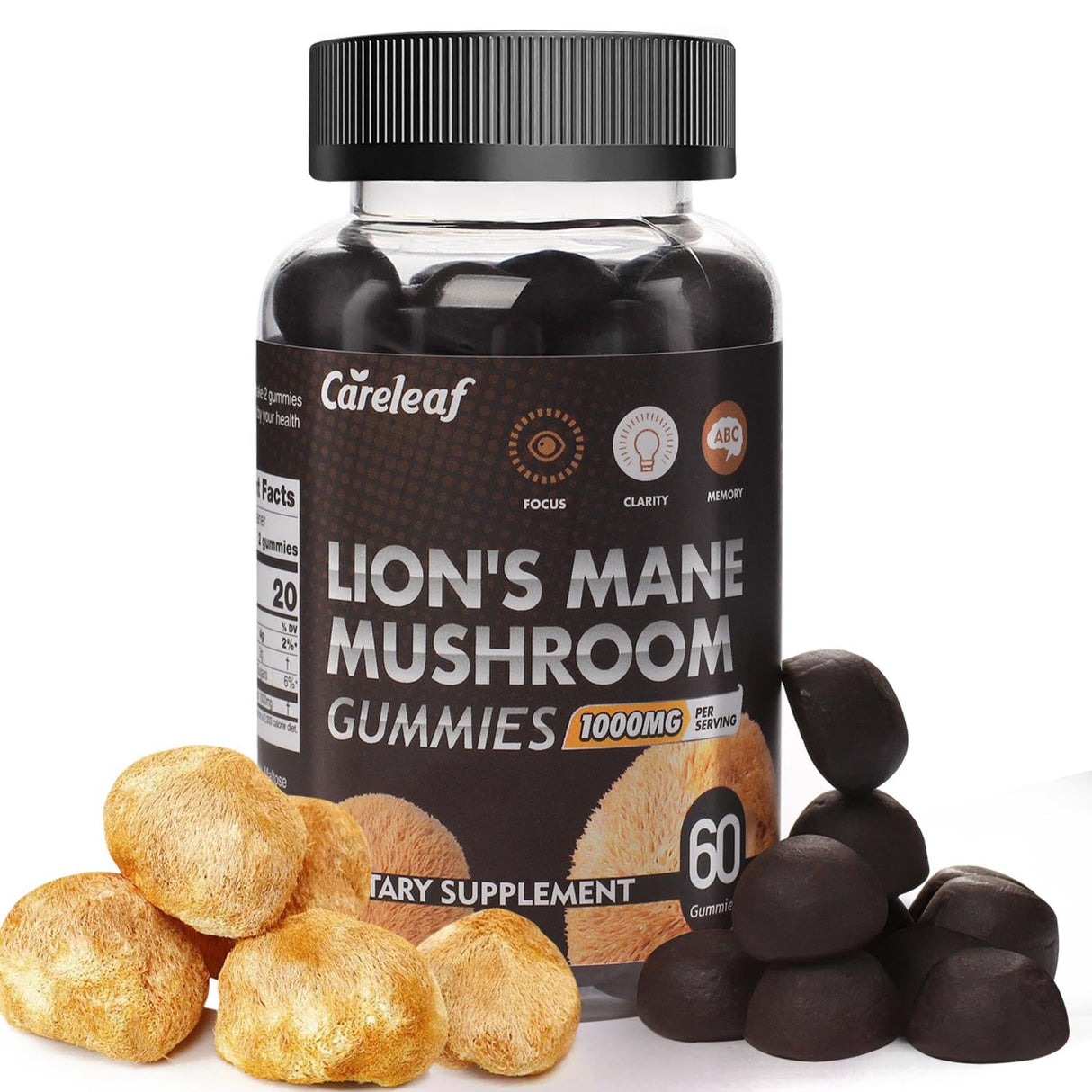 careleaf Lions Mane Mushroom Gummies for Nootropic Brain Supplement, Immune Support,Stress Relief Mushroom Supplement Berrry Flavor 60 Count