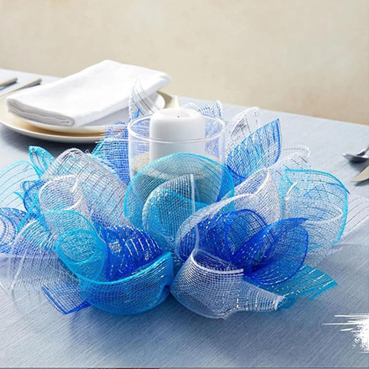 JStnana 4 Rolls Deco Mesh Ribbon for Chirstmas Wreath Making Supplies, 10Inch x 30Ft Metallic Burlap Mesh Blue Silve White Deco Mesh Rolls for Christmas Summer Blue Wedding Crafts Wreaths Decor