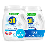 all free clear, Original, MIGHTY PACS Laundry Detergent Pacs for Sensitive Skin, Unscented and Hypoallergenic, 66 Count (Pack of 2)