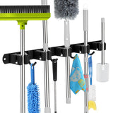 voze 5 Racks and 4 Hooks Mop and Broom Holder Wall Mount, Self Adhesive Heavy Duty Broom Hanger Organizer Storage Tool Racks for Kitchen Garden Laundry Garage Black