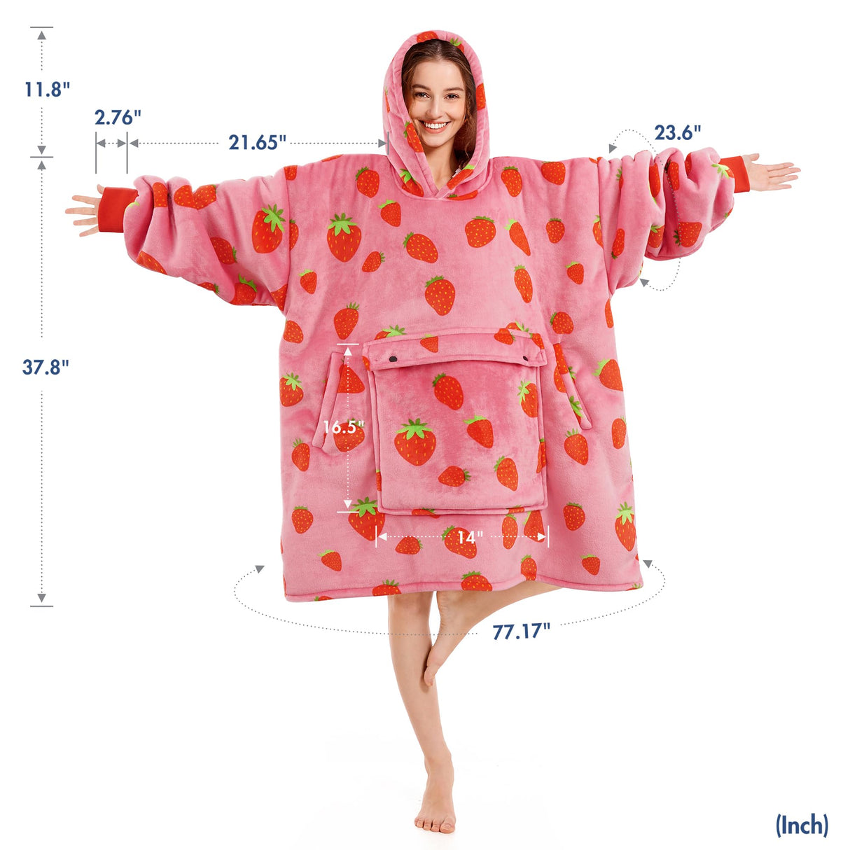 Narecte Oversized Blanket Hoodie Wearable Blanket Sweatshirt for Women Adults Soft Hooded Blanket Warm Oversized Hoodie Blanket Birthday Gifts for Women Christmas Gift for Friends Female Strawberry