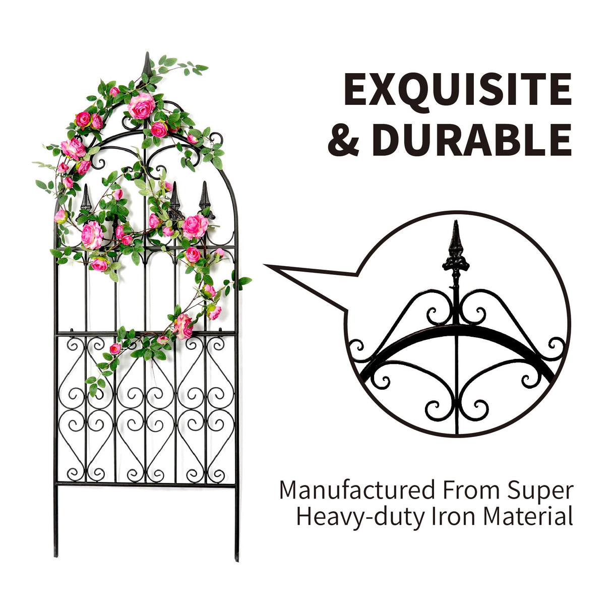 SCENDOR Garden Trellis for Climbing Plants, 60" H x 21.7" W Heavy Duty Metal Trellis, 5FT Rustproof Black Iron Vine Support Trellis with Ground Stakes, Decorative Cupid Arrow Design for Roses, Vines