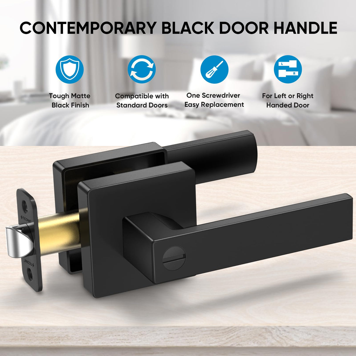 TICONN 5PK Matte Black Door Handles Interior, Reversible Square Door Levers Knob for Hallway, Bedroom, Bathroom (with Lock, 5PK Privacy)