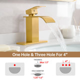 FRANSITON Waterfall Bathroom Faucet Lavatory Single Handle 1 or 3 Hole Bathroom Sink Faucet Washbasin Faucet with Deck and Pop-up Drain (Black & Gold, Short)