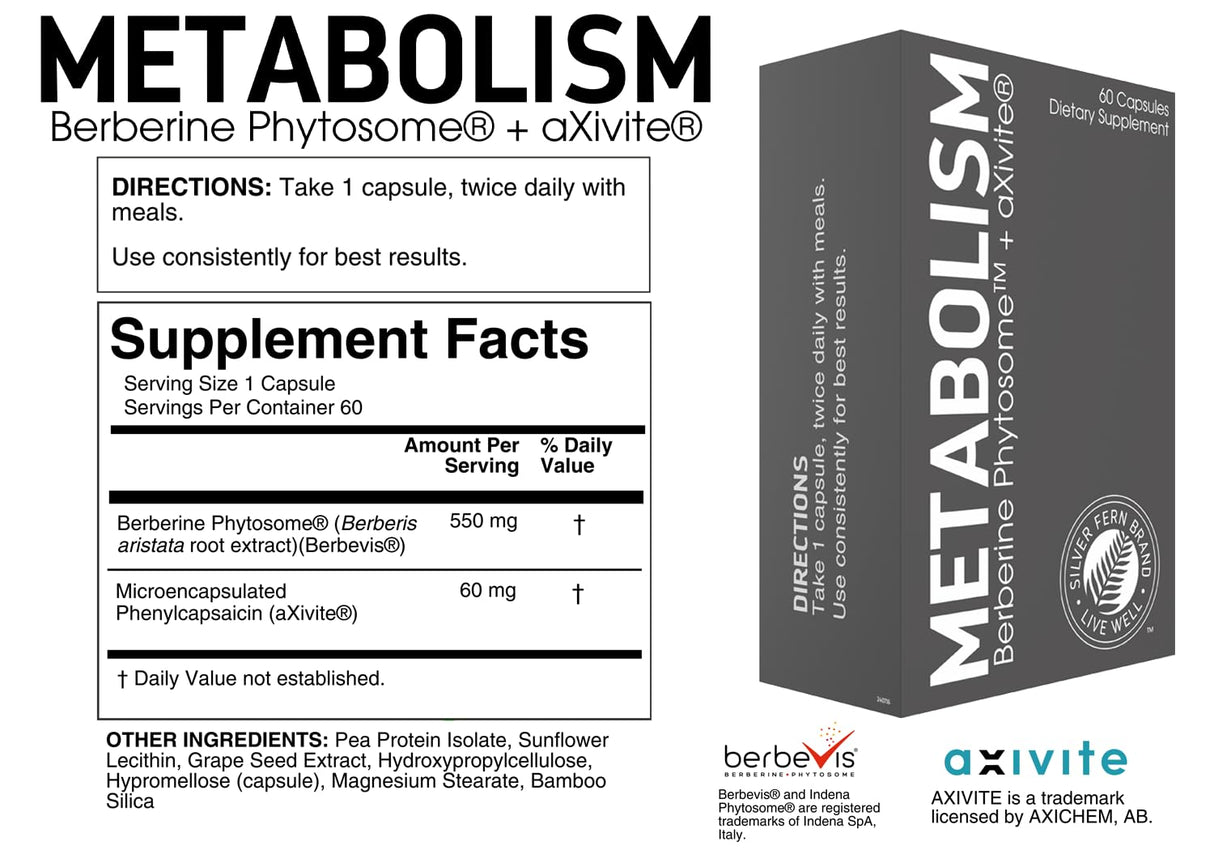 Silver Fern Brand Metabolism Supplement + Berberine Phytosome & aXivite – Supports Function & Wellness – 60 Capsules