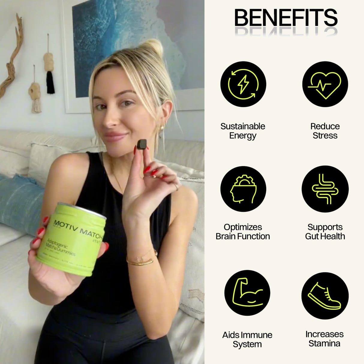 Motiv- Organic Matcha & Mushrooms Energy Gummies | 300 MG Concentrate Matcha Green Tea + Mushroom Blend | Improve Brain Function, Immune Support, Gut Health, Reduce Stress - Vegan, Non-GMO