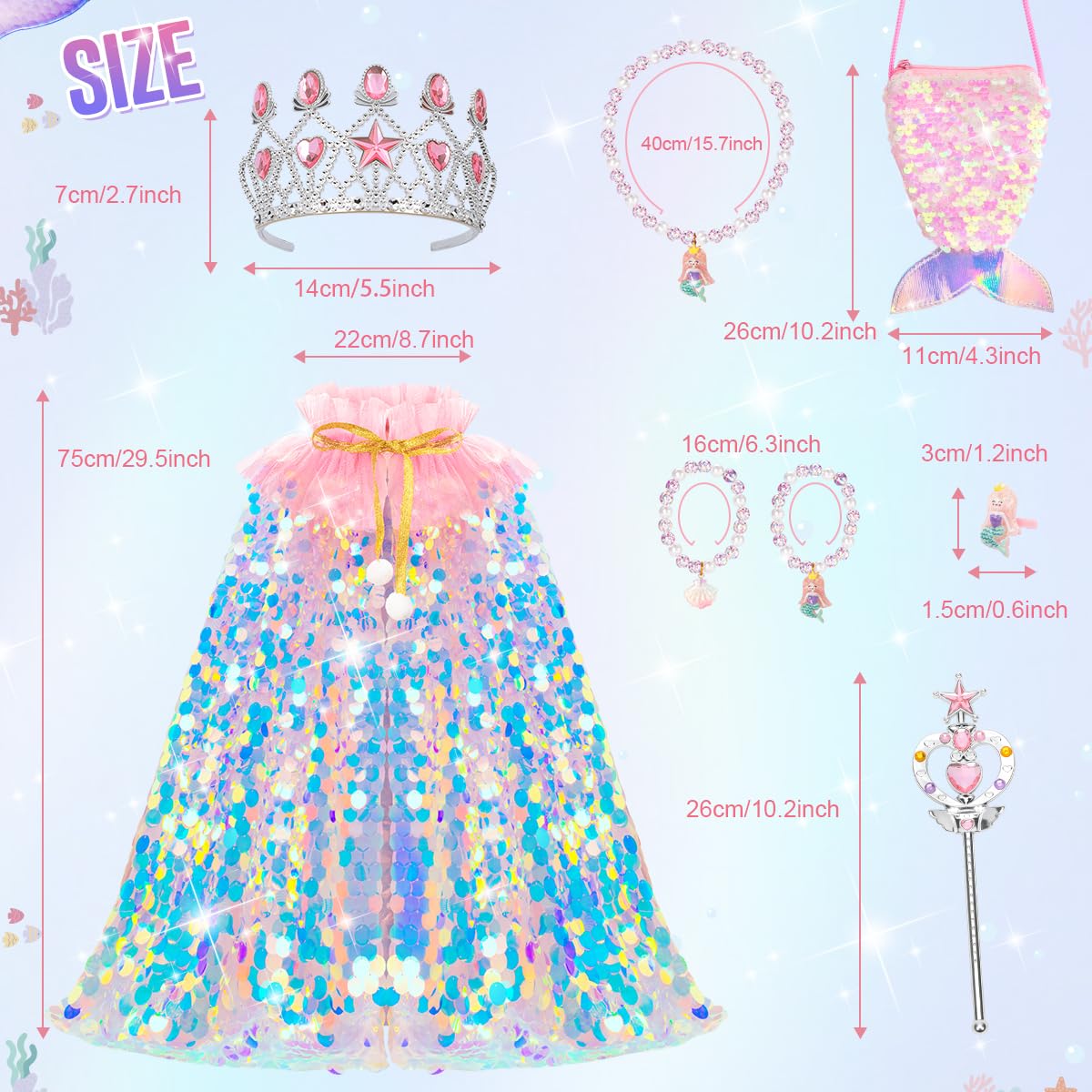 Meland Princess Dress Up for Girls 3-8, Mermaid Cape with Crown, Dress Up Clothes for Girls Birthday Gift, Christmas, Halloween Role Play Costumes, Toys for Kids Toddlers Pretend Play