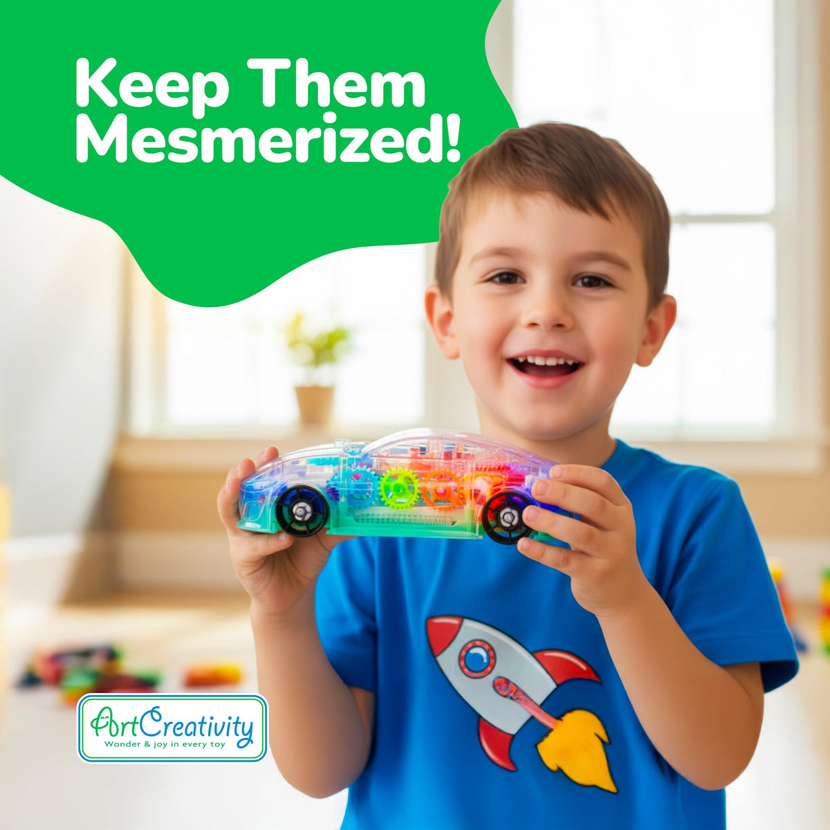 ArtCreativity Light-Up Transparent Sensory Car Toy, Bump-and-Go, Ages 3+
