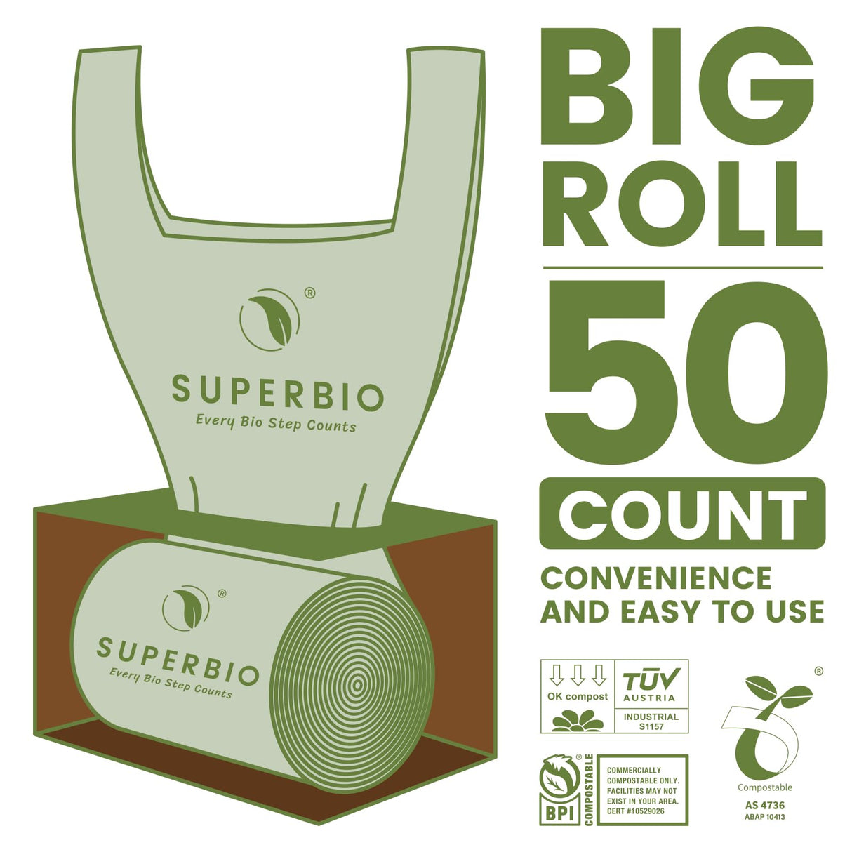 SUPERBIO 1.6 Gallon Handle Tie Compostable Food Scrap Bags, Small Compost Bags with Handles, 50 Count, 2 Pack, BPI & OK compost INDUSTRIAL