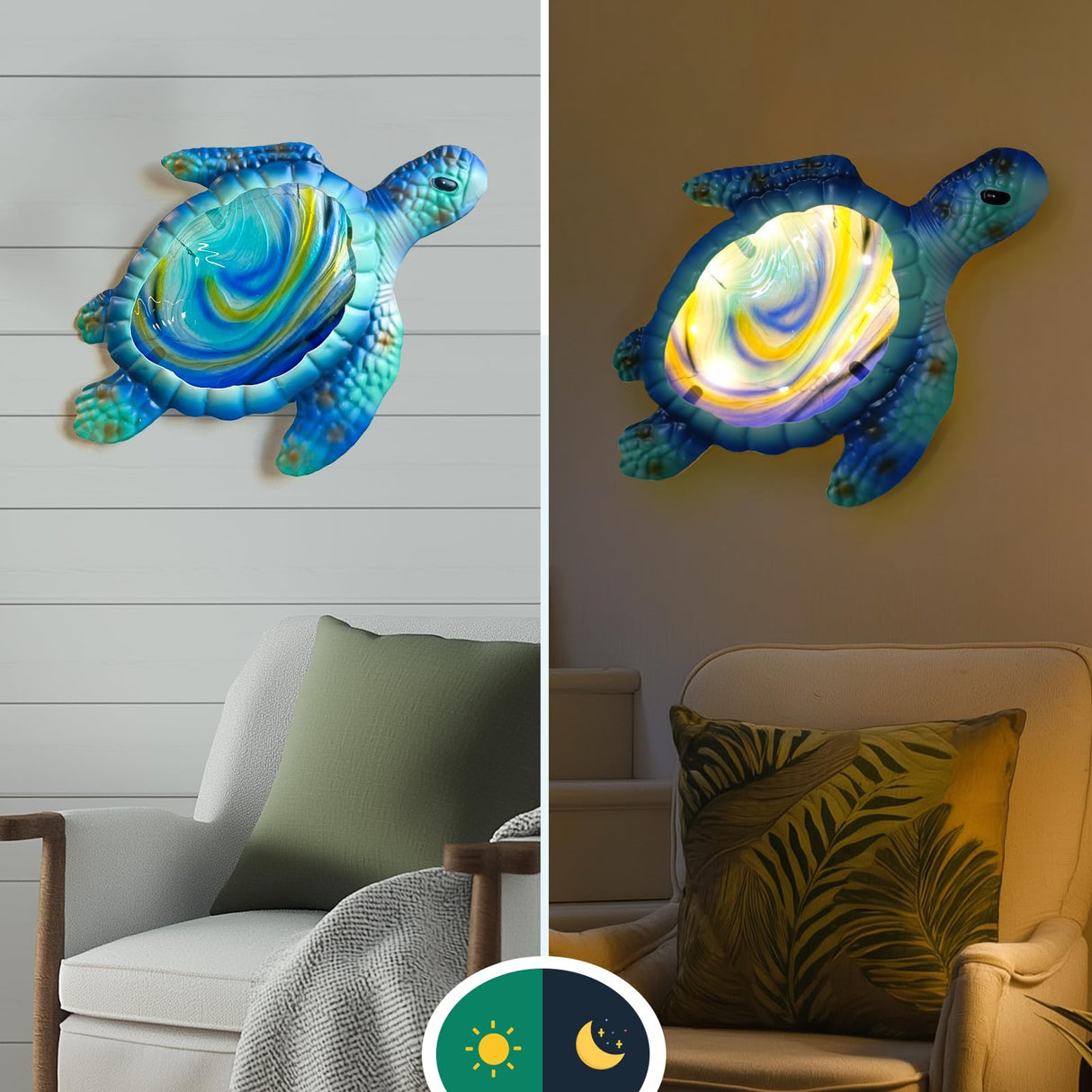 LIFFY Sea Turtle Decor Ocean Nautical Beach Wall Art Metal Glass Sea Turtle Bathroom Decor with LED Fairy Lights, 15" Indoor Outdoor Wall Art Sculpture for Patio,Pool,Beach,Garden,Yard,Home Gift