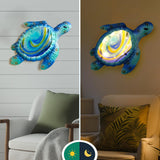 LIFFY Sea Turtle Decor Ocean Nautical Beach Wall Art Metal Glass Sea Turtle Bathroom Decor with LED Fairy Lights, 15" Indoor Outdoor Wall Art Sculpture for Patio,Pool,Beach,Garden,Yard,Home Gift