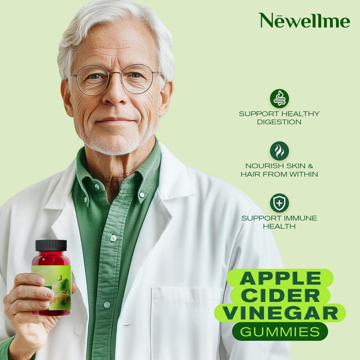 NEWELLME ACV Gummies – Apple Cider Vinegar with The Mother & Vitamin B12 | Zero Sugar, Vegan, Gelatin-Free, Non-GMO, Gluten-Free | Daily Digestive & Energy Support-90count