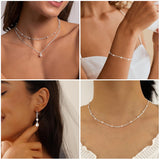 DIBOLA Silver Jewelry Set for Women Dainty Silver Layered Pearl Choker Necklaces and Earring Set Pearls Drop Earrings Pearl Bracelets Wedding Bride Jewelry