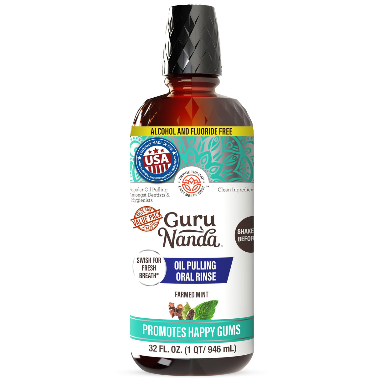 GuruNanda CocoMint Oil Pulling Mouthwash for Complete Oral Hygiene, 7 Essential Oils & Vitamins for Happy Teeth & Gums & Fresh Breath, Alcohol-Free, 32 oz