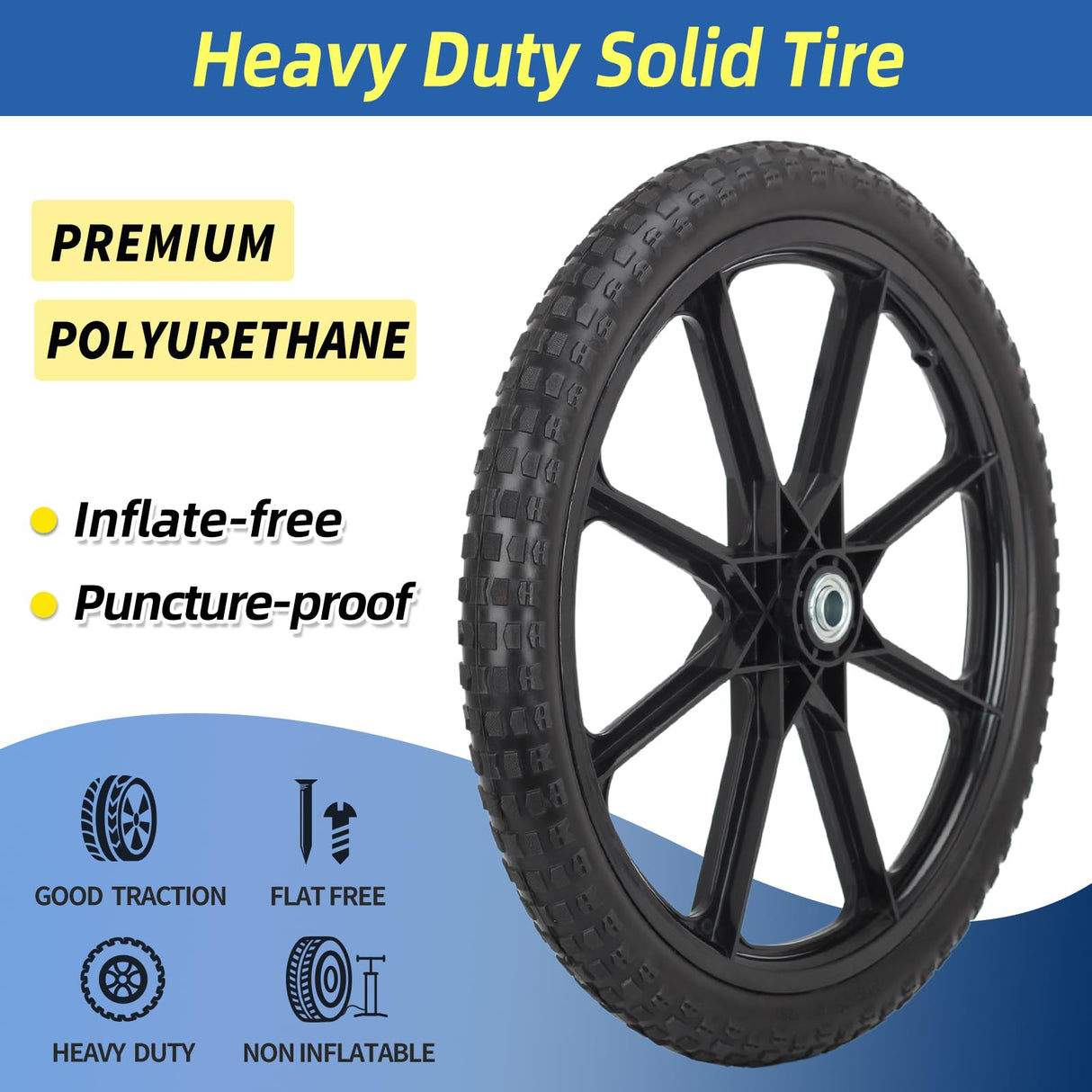 GICOOL 20" Flat Free Tire and Wheel, with 3/4" & 5/8" Bearing, 2.45" Centered Hub, Replacement Wheel For Rubbermaid Wheelbarrow, Garden Yard Cart, 2 Pcs