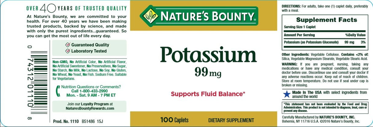Nature's Bounty Potassium 99mg, Supports Fluid Balance and Muscle Activity, Involved in Normal Heart Function, Potassium Gluconate Dietary Supplement, 1 Per Day, 100 Vegetarian Caplets (Pack of 3)