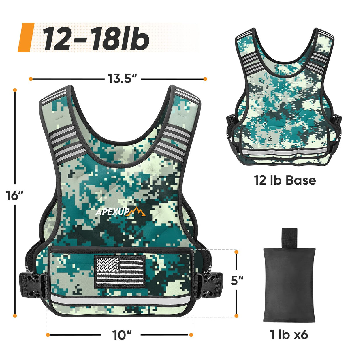APEXUP Adjustable Weighted Vest, 4-10lb/12-18lb/20-32lb Vest with 6 Ironsand Weights and Large Pocket, Weight Vest for Men Women Strength Training, Running, Walking (12-18lb, Digital Camo)