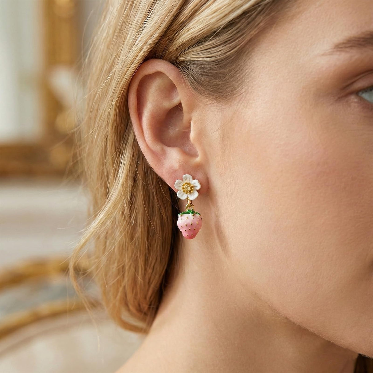 Pink Strawberry Flower Drop Earrings - Cute Enamel Fruit & Floral Stud Drop Earrings for Women, 18K Gold Plated Dainty Aesthetic Jewelry