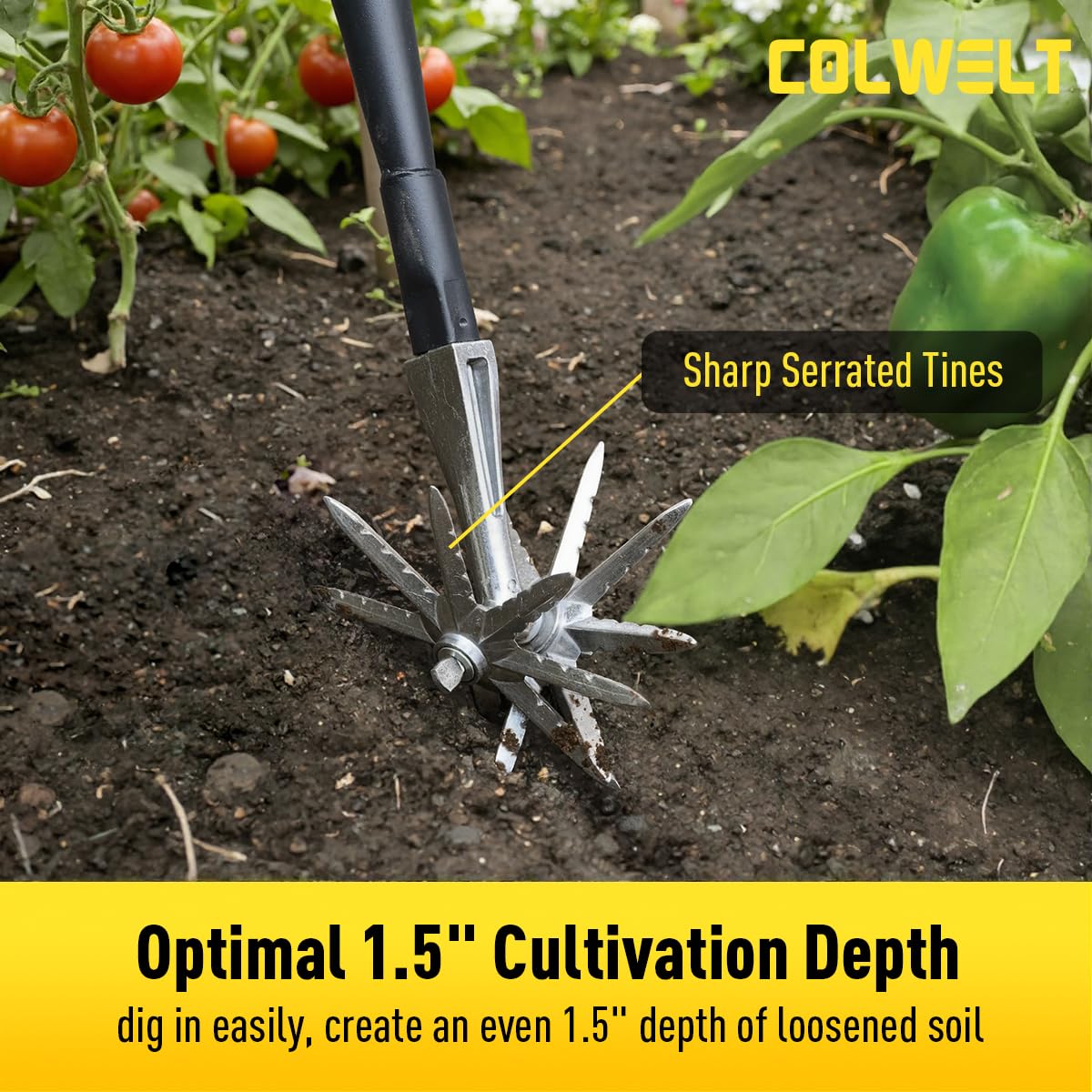 Colwelt Manual Rotary Cultivator, Single-Tine Aluminum Cultivators for Gardening, Garden Hand Tiller Manual with Ergo Wooden t-Handle, Hand Held Cultivator Tool For Flower Beds Cultivate, Aerate, Weed