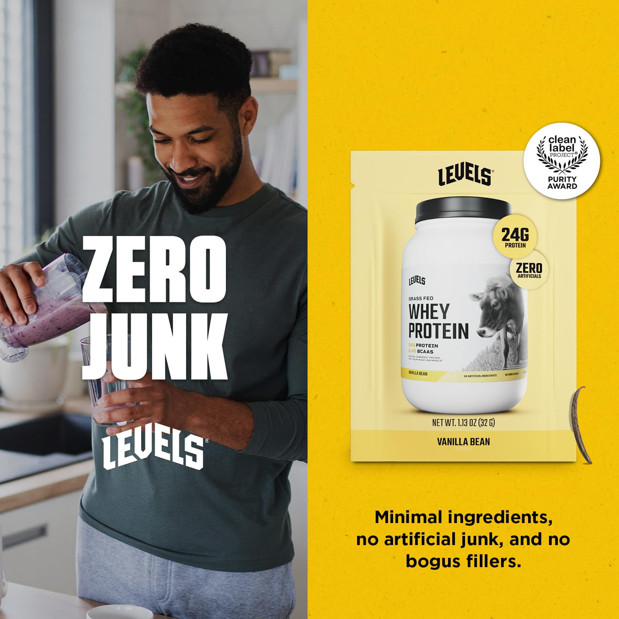 Levels Grass Fed Whey Protein Powder, No Artificials, 24G of Protein, Vanilla Bean, 12 Count