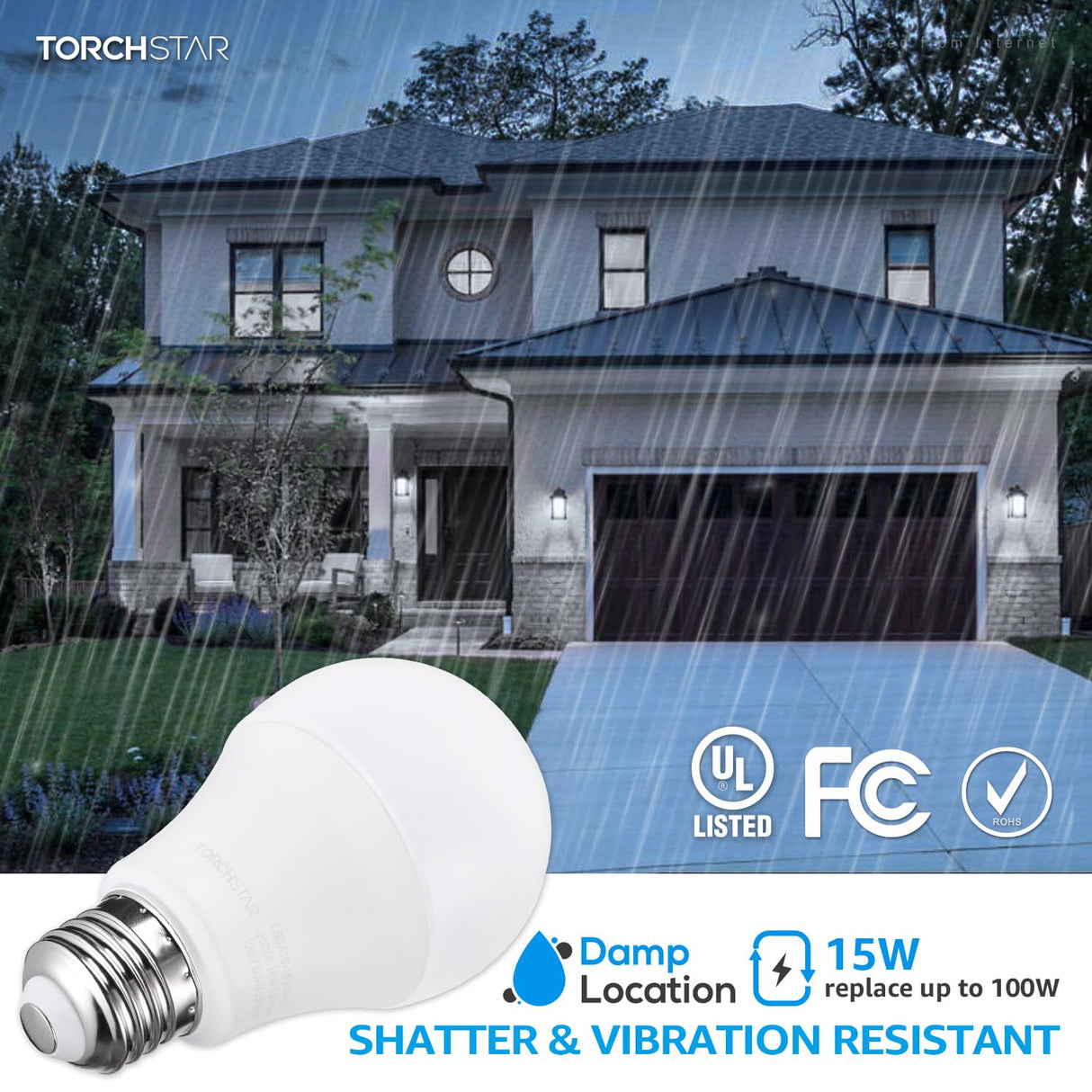 TORCHSTAR 1700LM Universal Garage Door Opener LED Light Bulb, UL FCC DOE, 15W Ultra Bright, Minimize Interference, 100W Eqv. 120V, A19 Bulbs, E26 Base, 5000K Daylight, Pack of 2