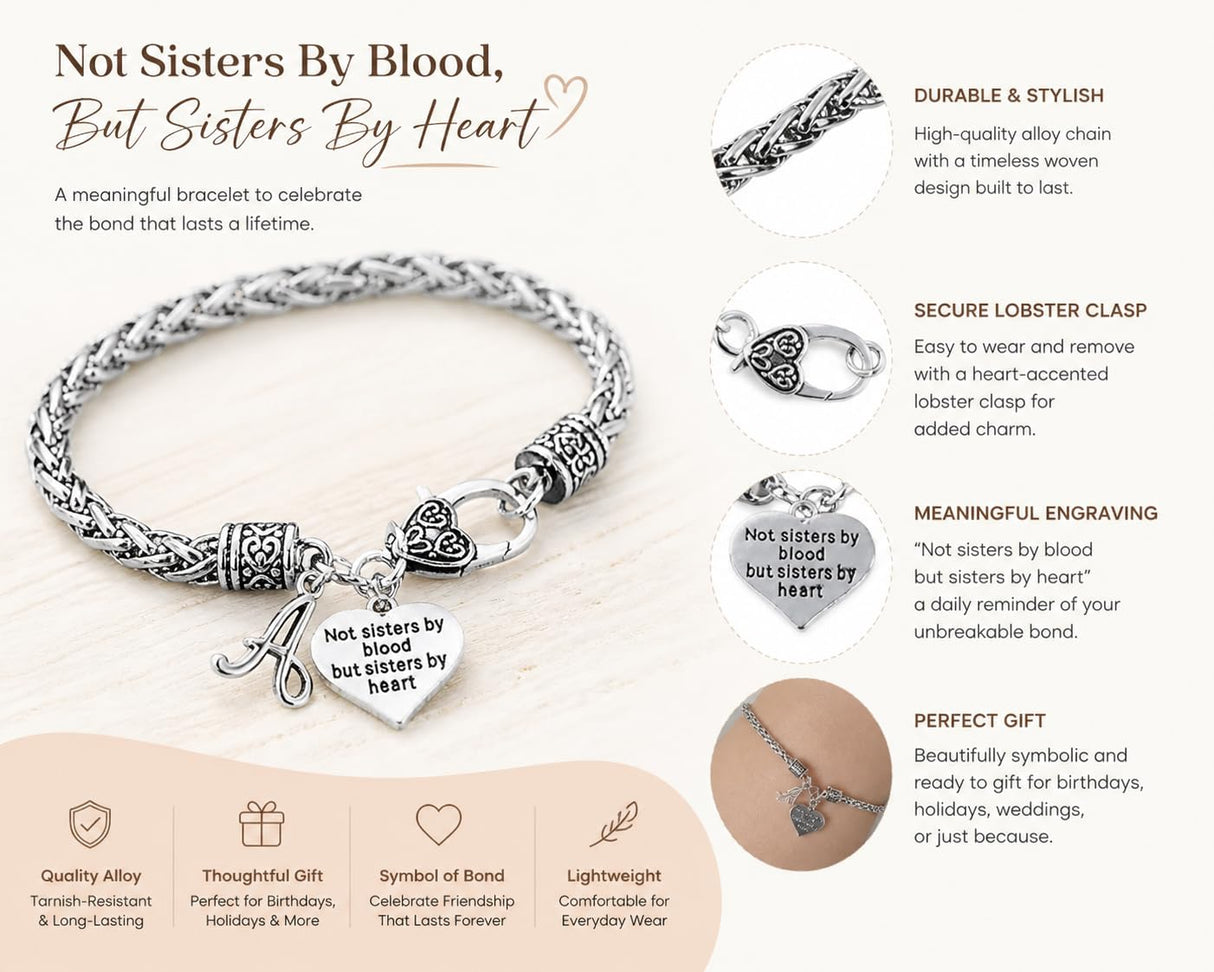 Personalized Best Friend Charm Bracelet with Letter Charm- Custom Not Sisters By Blood But Sisters By Heart Bracelet for Women- Friend Jewelry- Gift for Her