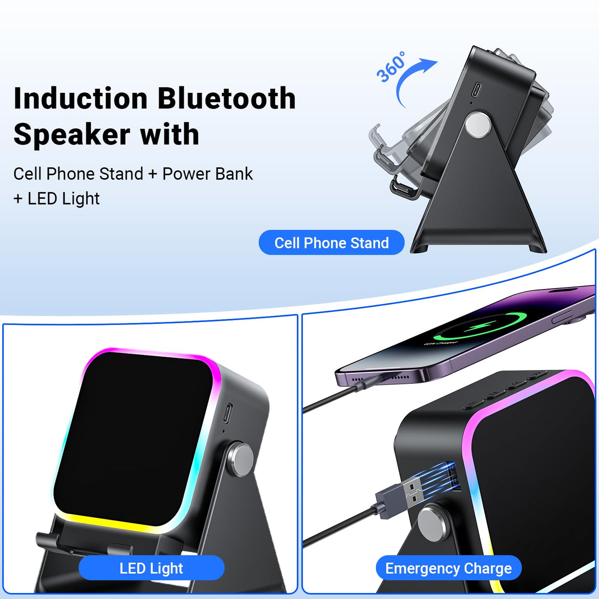 Induction Speaker with Phone Stand 5 in 1 Wireless Bluetooth Audio Black